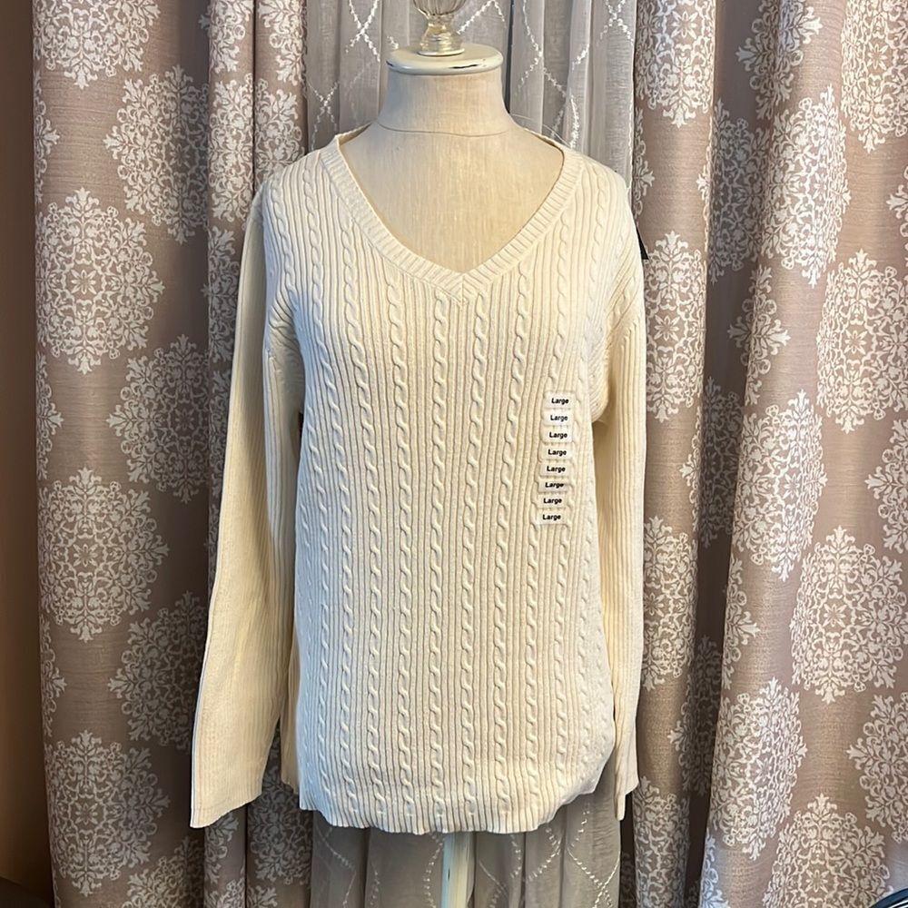 NWT Karen Scott 100% Cotton Cable Knit Sweater - Ivory - Size Large